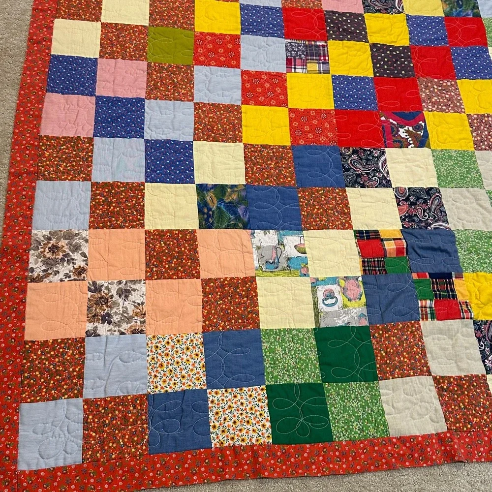 Handmade Patchwork Quilt Vintage Multi Color Scrap Block Red Floral Border 71x78